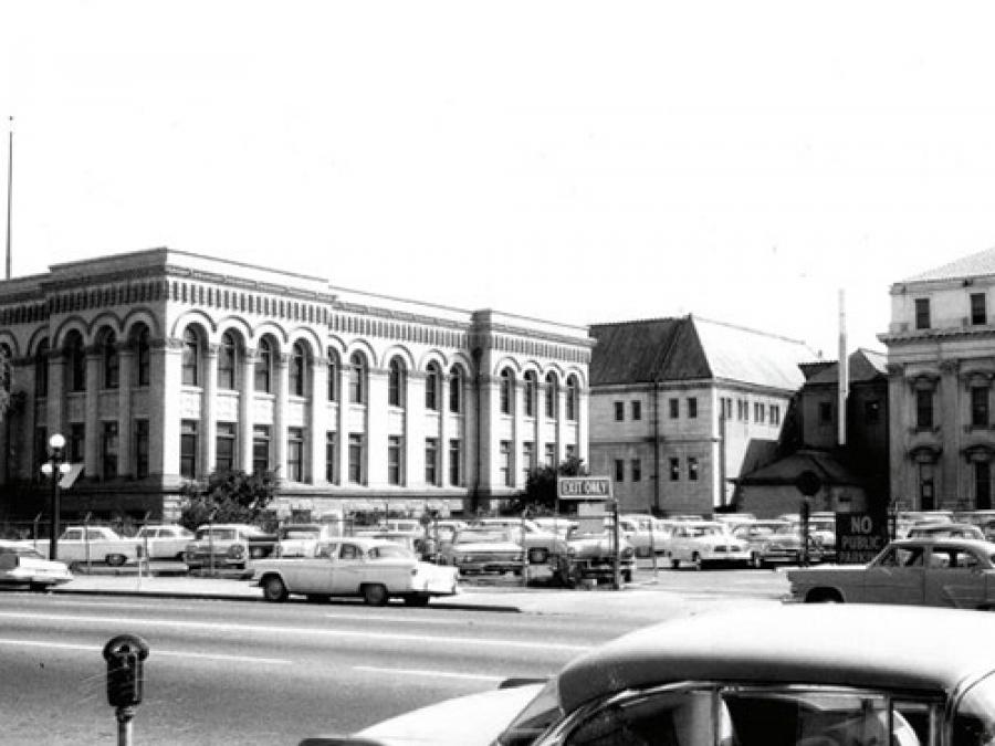Front view of the Hall of Justice, circa 1950s